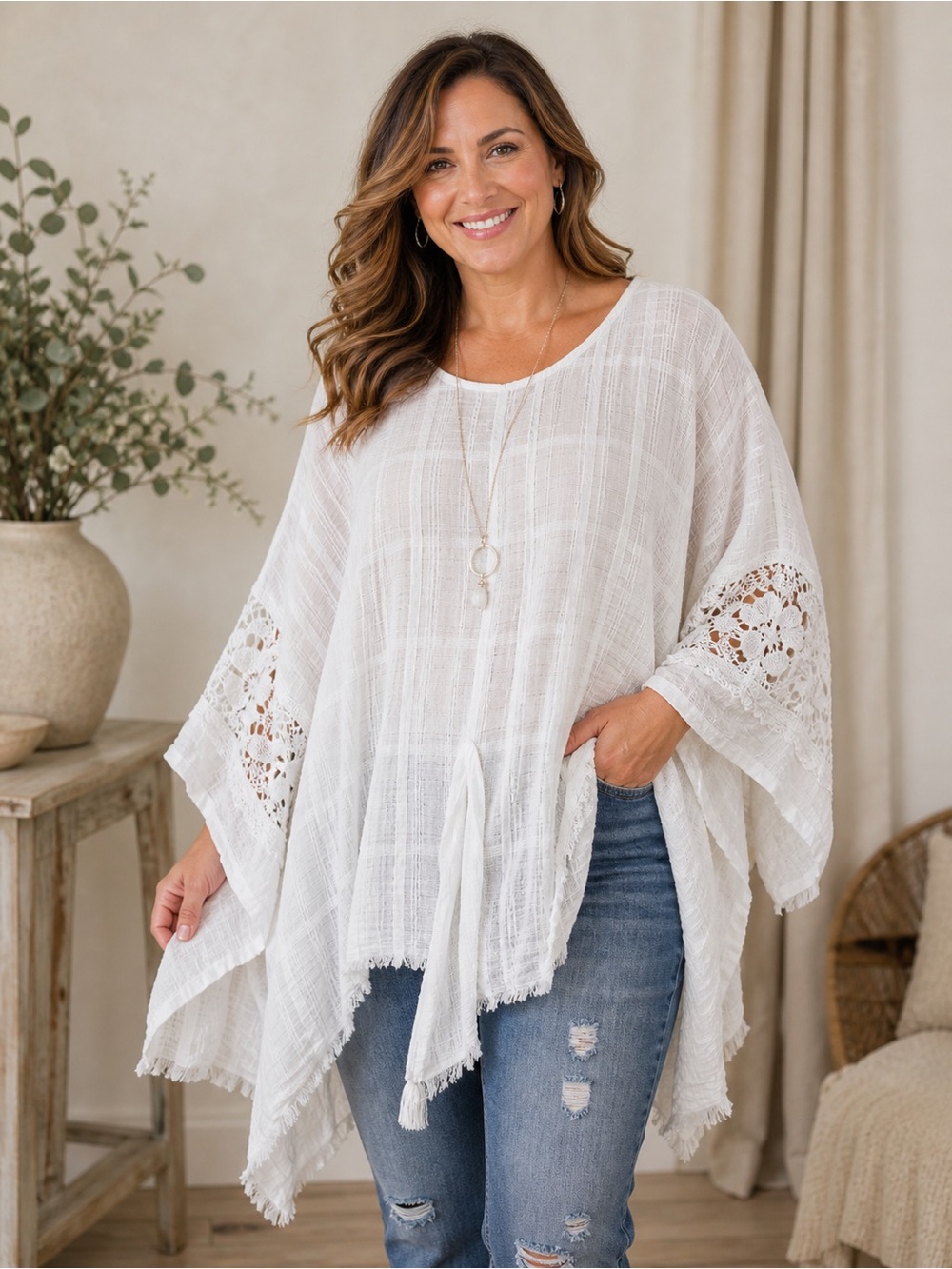 Free People White Crochet-Sleeve Gauze Tunic